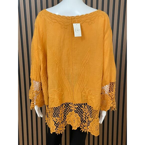 Cato Women's 22/24 Yellow Blouse Top Cotton Tunic Floral Crochet Lace Trim Boho - Picture 2 of 9